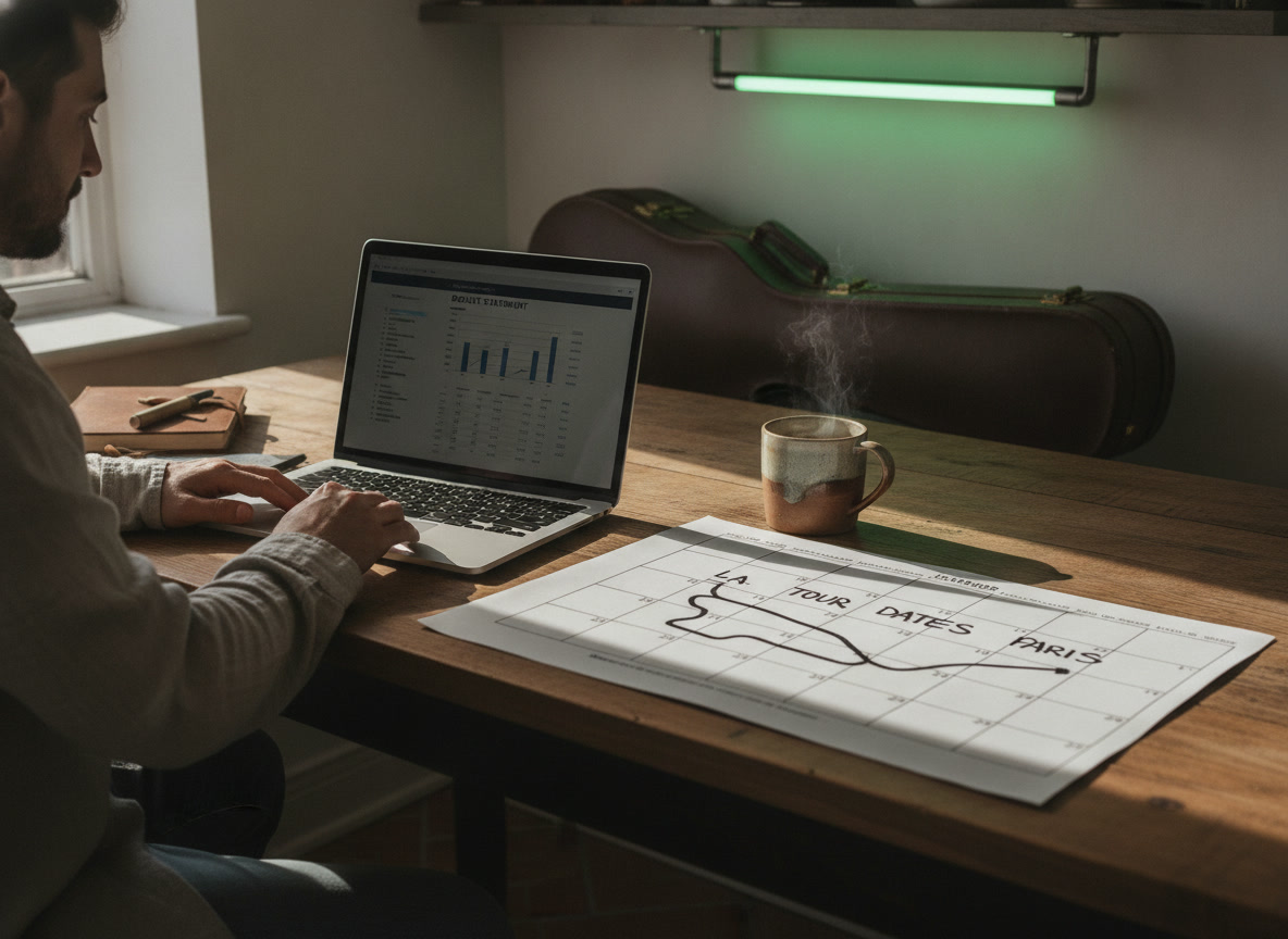 A musician planning a tour with a royalty statement and a calendar