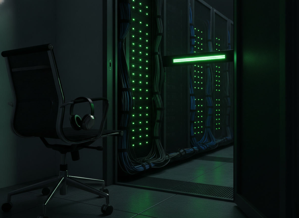 A server room with green indicator lights